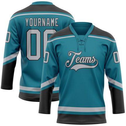 Custom Personalized Hockey Jersey with Name & Number in Teal Gray-Black Personalized Teal Gray-Black Hockey Lace Neck Jersey