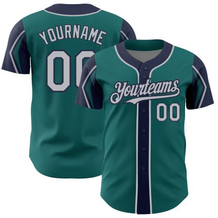 Custom Baseball Jersey with Personalized Name & Number - Teal Gray Navy - 3 Color Options, Arm Shapes Personalized Teal Gray-Navy