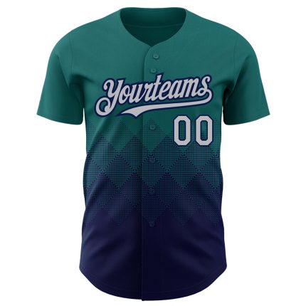 Personalized Gradient Teal Gray-Navy 3D Pattern Baseball Jersey with Custom Name and Number Personalized Teal Gray-Navy 3D