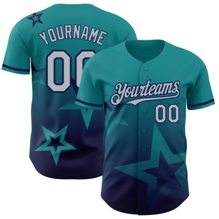Personalized Twinkle Star Gradient Baseball Jersey with Custom Name & Number - Teal Gray-Navy 3D Pattern Design Personalized