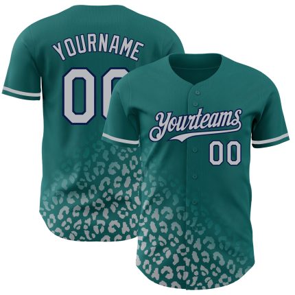 Custom Leopard Print Baseball Jersey with Team Name and Number - Teal Gray Navy 3D Pattern Fashion Design Personalized Teal