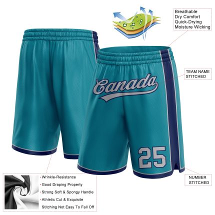 Custom Team Basketball Shorts with Personalized Name and Number in Teal Gray-Navy Personalized Teal Gray-Navy Authentic Basketball