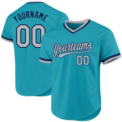 Custom Team Name and Number Teal Gray-Navy Authentic Throwback Baseball Jersey Personalized Teal Gray-Navy Authentic Throwback