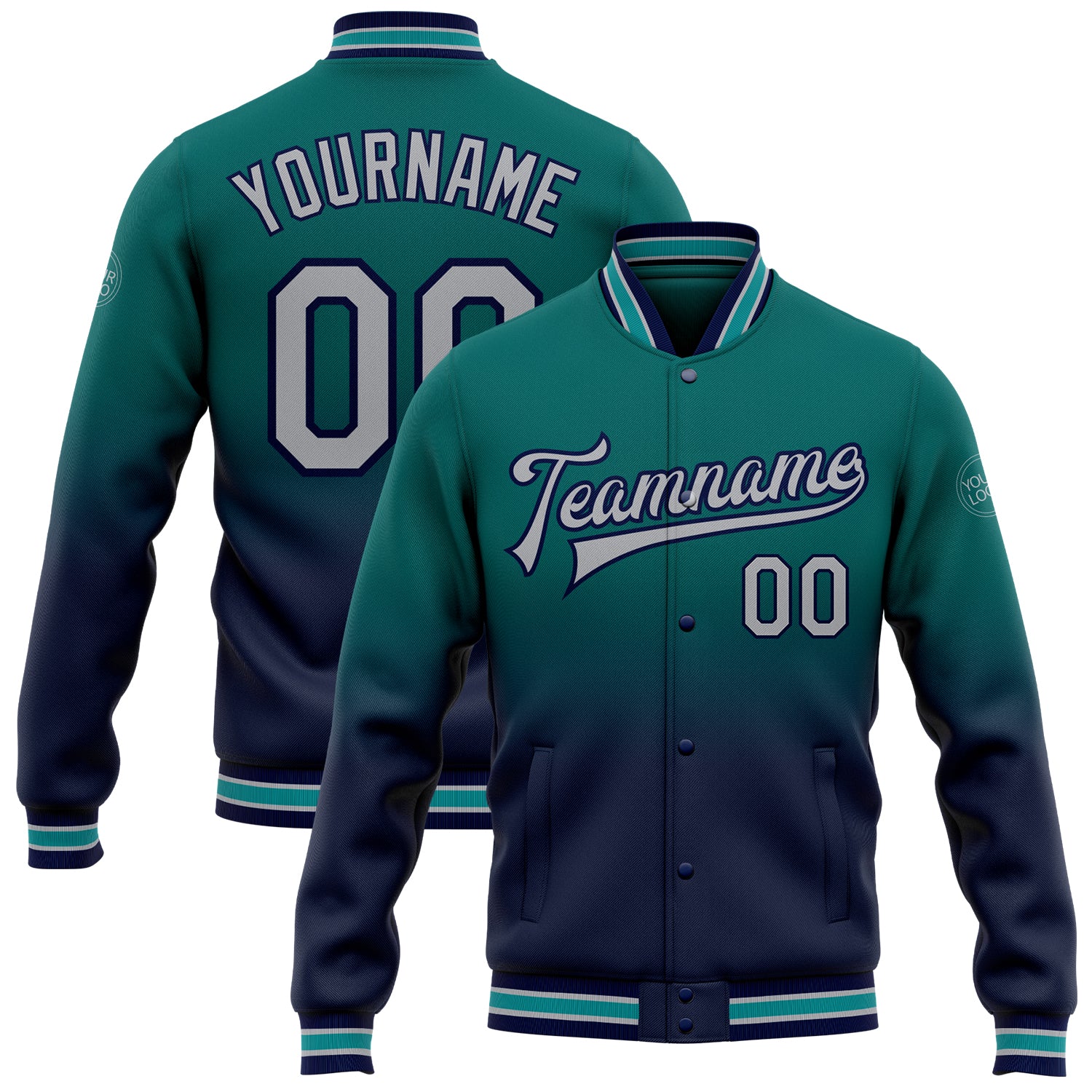 Custom Name and Number Teal Gray-Navy Varsity Letterman Bomber Fade Jacket Fashion Full-Snap Team Apparel Personalized Teal