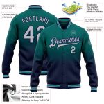 Custom Name and Number Teal Gray-Navy Varsity Letterman Bomber Fade Jacket Fashion Full-Snap Team Apparel Personalized Teal