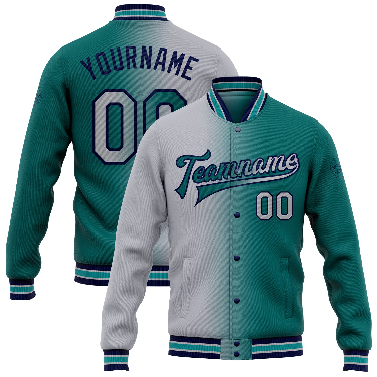 Custom Name Number Gradient Bomber Jacket Teal Gray Navy Varsity Full-Snap Fashion Team Apparel Personalized Teal Gray-Navy