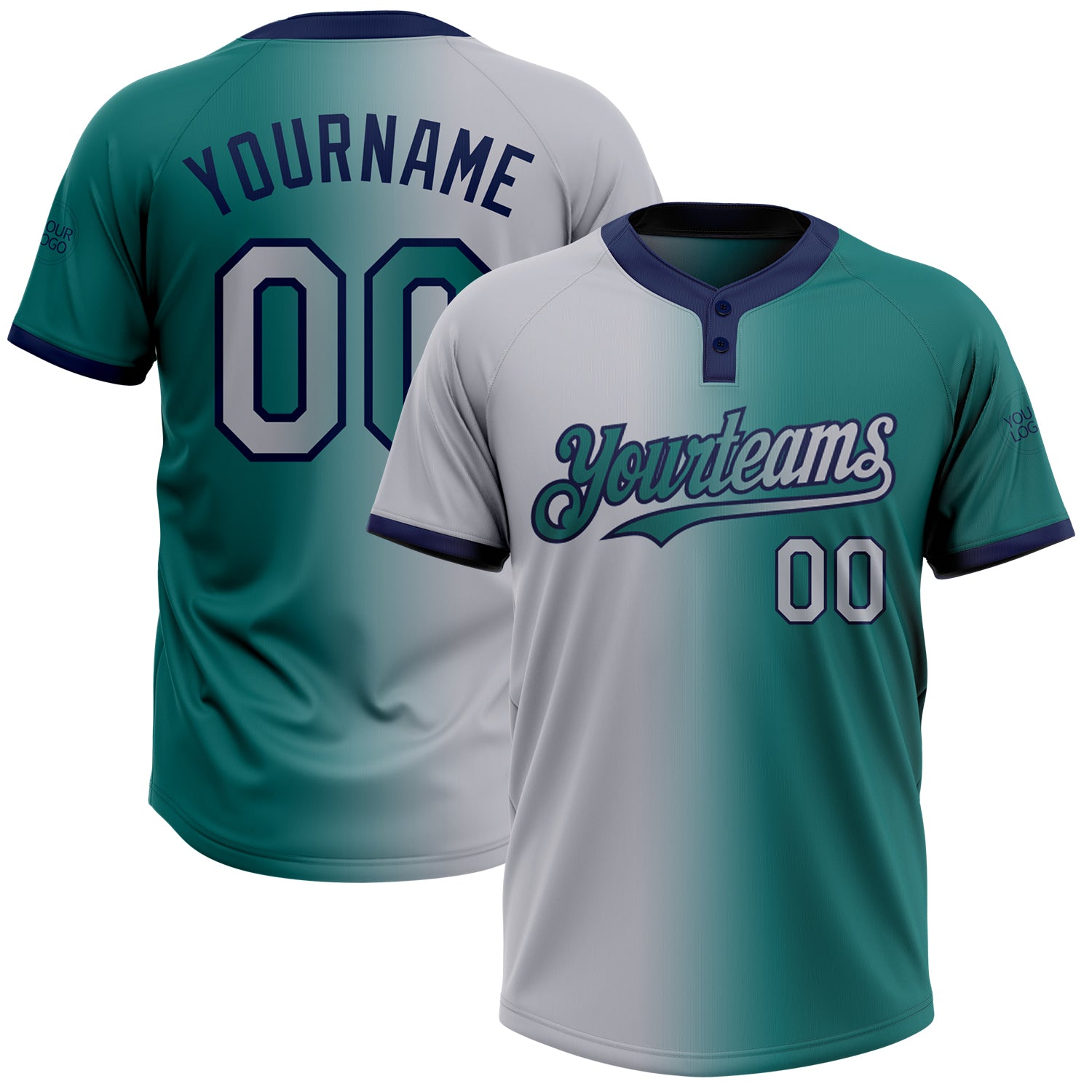Custom Two-Button Unisex Softball Jersey with Personalized Name and Number in Teal and Gray-Navy Gradient Personalized Teal