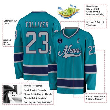 Custom Team Hockey Jersey with Personalized Name and Number - Teal Gray Navy Personalized Teal Gray-Navy Hockey Jersey Team