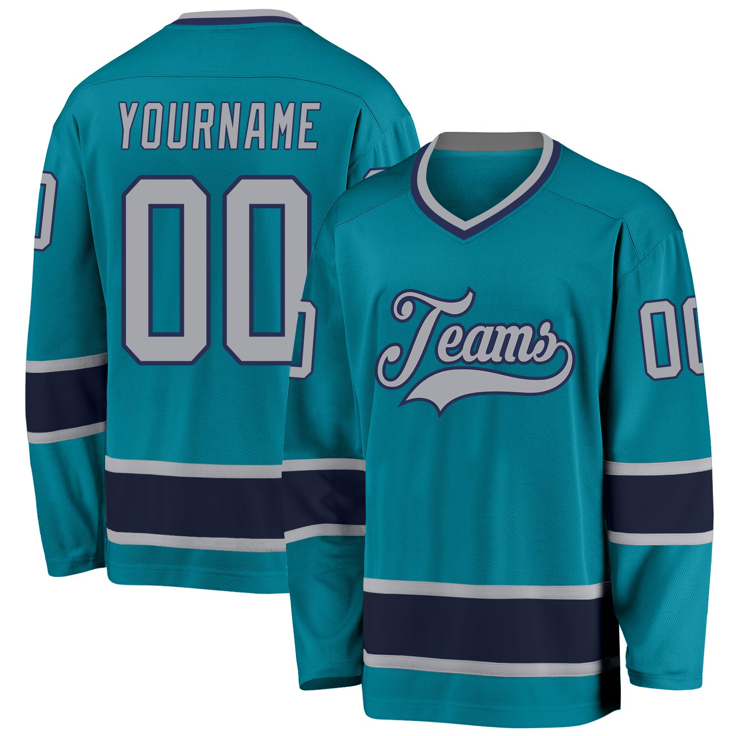 Custom Team Hockey Jersey with Personalized Name and Number - Teal Gray Navy Personalized Teal Gray-Navy Hockey Jersey Team