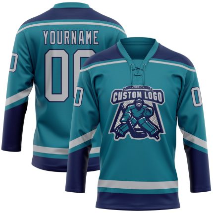 Custom Name and Number Hockey Jersey in Teal Gray and Navy Lace Neck Design - Personalized Team Apparel Personalized Teal