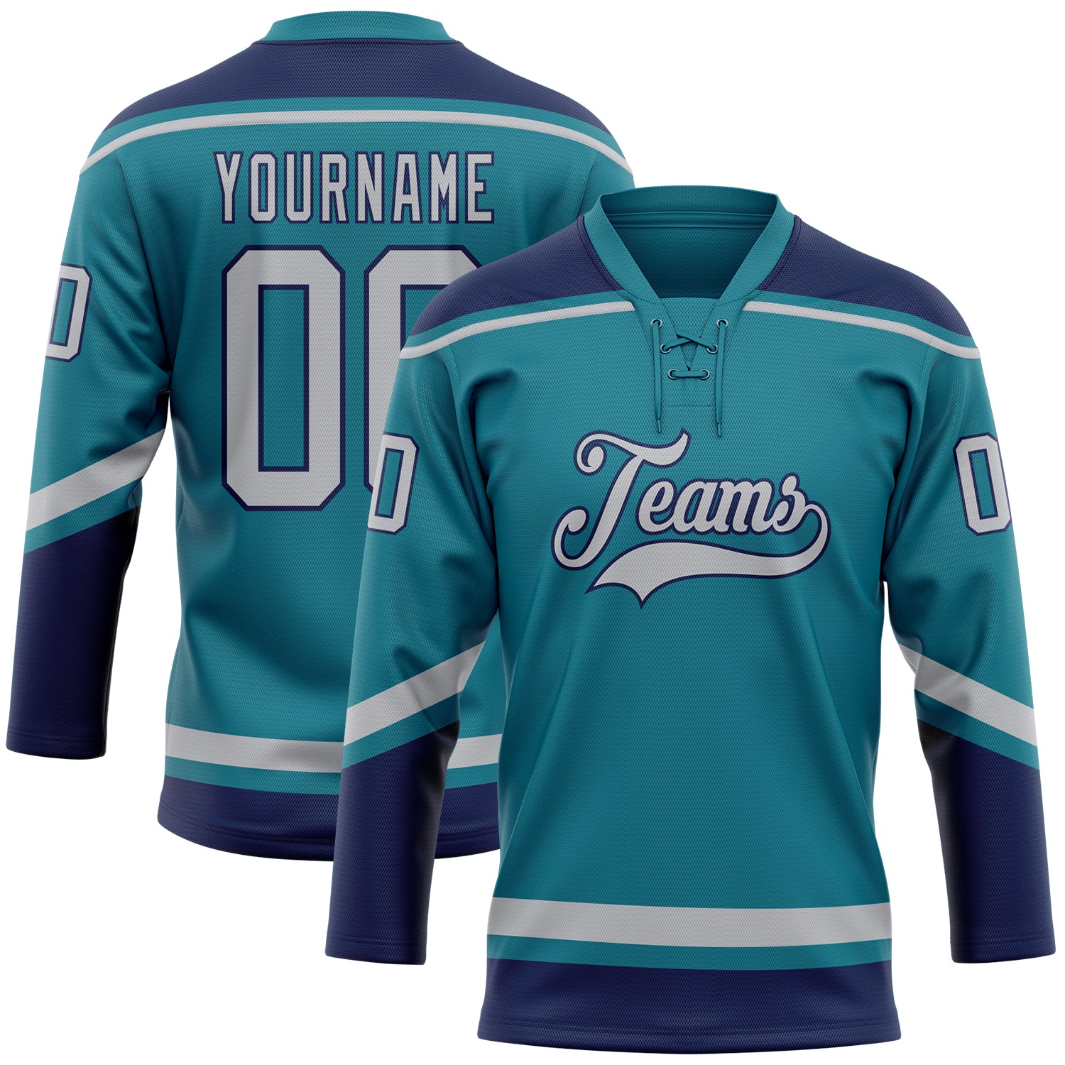 Custom Name and Number Hockey Jersey in Teal Gray and Navy Lace Neck Design - Personalized Team Apparel Personalized Teal