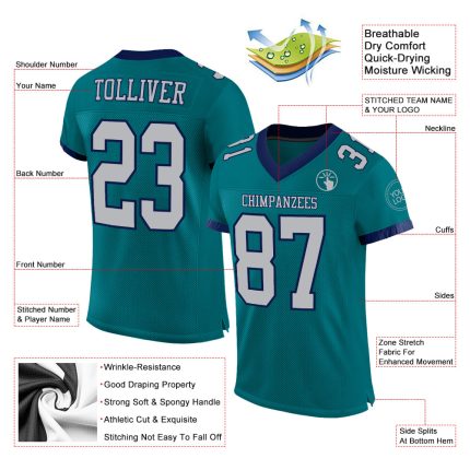 Personalized Teal Gray Navy Mesh Football Jersey - Custom Authentic Design Personalized Teal Gray-Navy Mesh Authentic Football