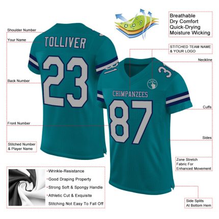 Custom Team Football Jersey with Personalized Name & Number - Teal Gray-Navy Mesh Authentic Design Personalized Teal Gray-Navy
