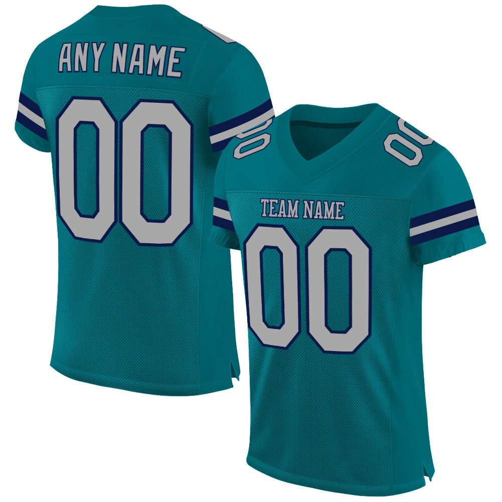 Custom Team Football Jersey with Personalized Name & Number - Teal Gray-Navy Mesh Authentic Design Personalized Teal Gray-Navy