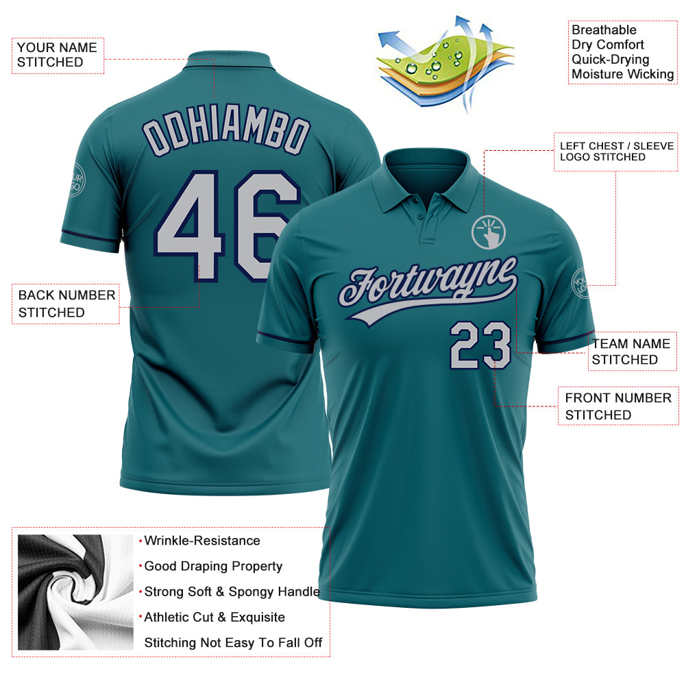 Personalized Teal Gray-Navy Performance Vapor Golf Polo Shirt Team Custom Name and Number Custom Teal Gray-Navy Performance Vapor Golf Polo Shirt with Name and Number - Personalized Team Apparel Personalized Teal - Image 3