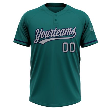 Personalized Teal Gray Navy Softball Jersey for Men and Women - Two-Button Unisex Design Personalized Teal Gray-Navy Two-Button