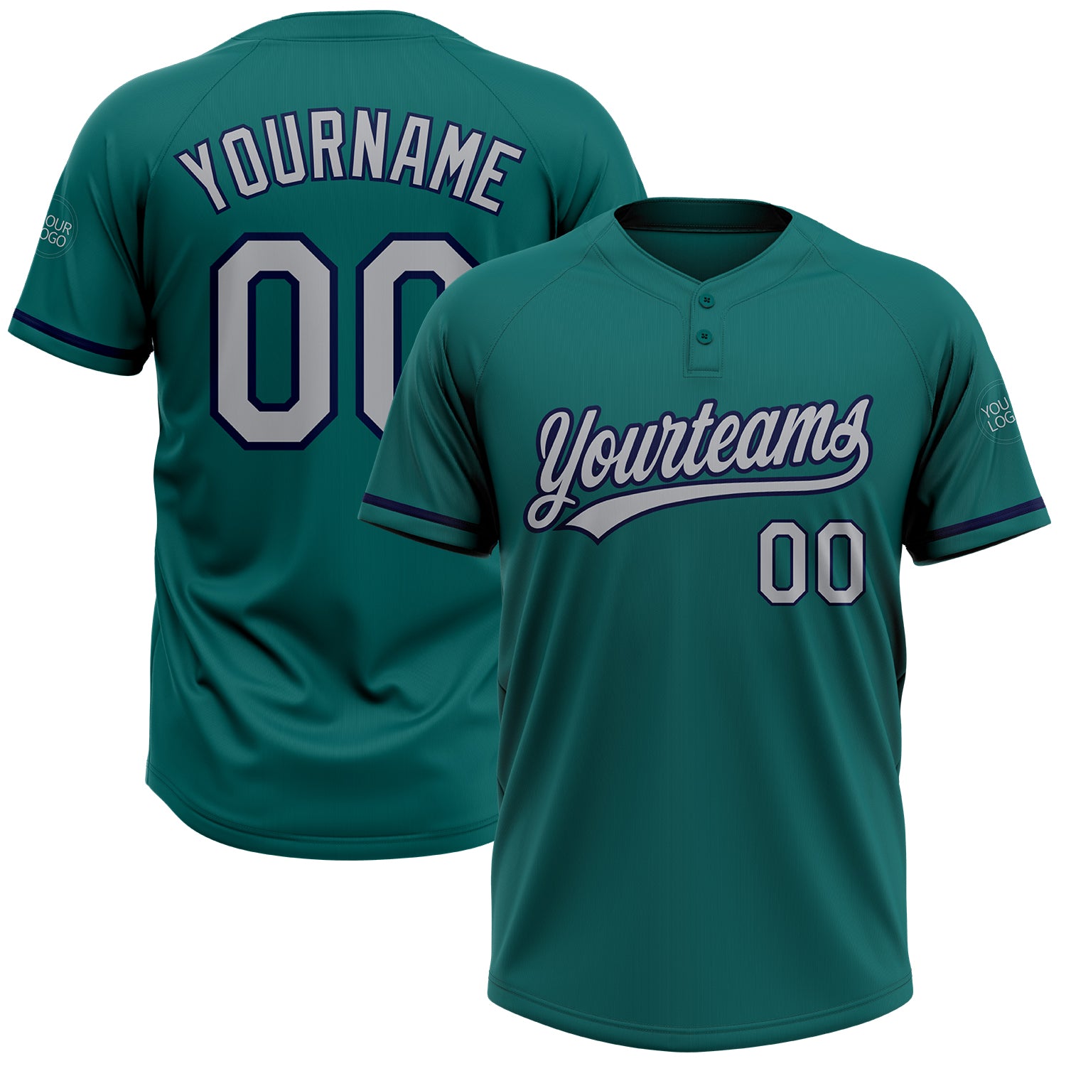 Personalized Teal Gray Navy Softball Jersey for Men and Women - Two-Button Unisex Design Personalized Teal Gray-Navy Two-Button