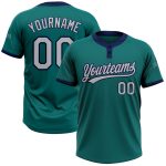 Custom Team Name and Number Softball Jersey - Unisex Teal Gray-Navy Two-Button Design Personalized Teal Gray-Navy Two-Button