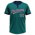 Custom Team Name and Number Softball Jersey - Unisex Teal Gray-Navy Two-Button Design Personalized Teal Gray-Navy Two-Button
