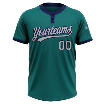 Custom Team Name and Number Softball Jersey - Unisex Teal Gray-Navy Two-Button Design Personalized Teal Gray-Navy Two-Button
