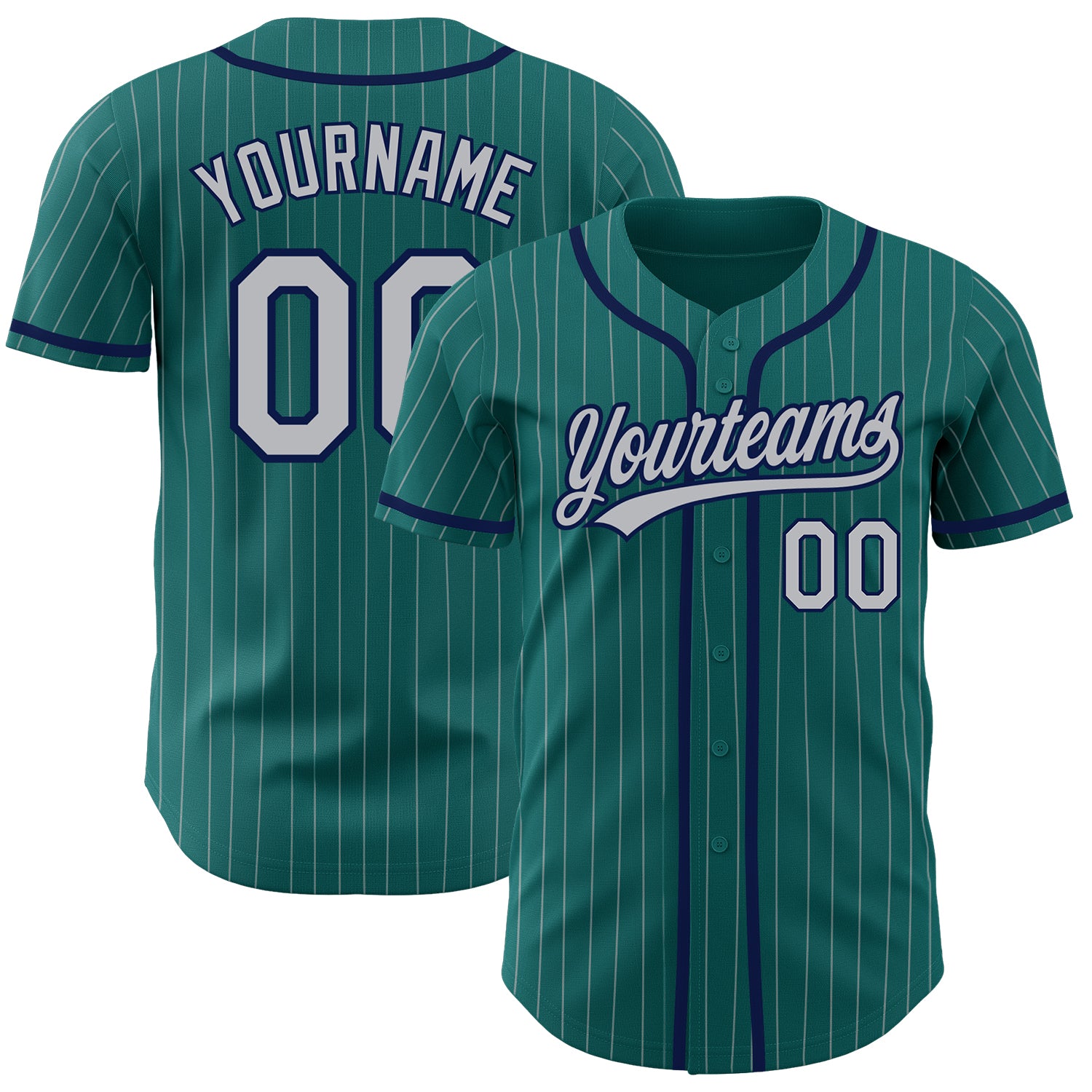 Custom Teal Gray Pinstripe Authentic Baseball Jersey - Gray-Navy Design Personalized Teal Gray Pinstripe Gray-Navy Authentic
