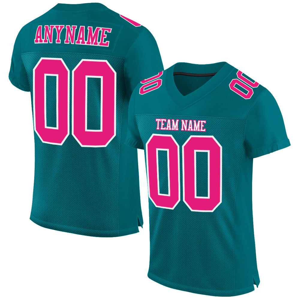 Custom Personalized Football Jersey with Name and Number, Teal Hot Pink White Mesh Design Personalized Teal Hot Pink-White