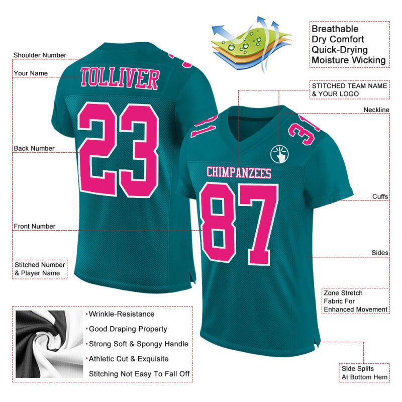 Custom Personalized Football Jersey with Name and Number, Teal Hot Pink White Mesh Design Personalized Teal Hot Pink-White