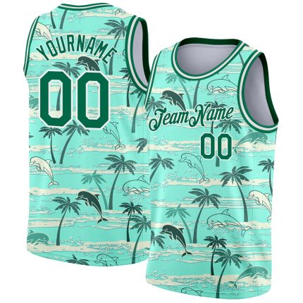 Personalized Tropical Hawaii Palm Trees Basketball Jersey Custom Name & Number Teal Kelly Green-White 3D Pattern Personalized