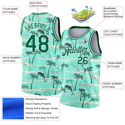 Personalized Tropical Hawaii Palm Trees Basketball Jersey Custom Name & Number Teal Kelly Green-White 3D Pattern Personalized