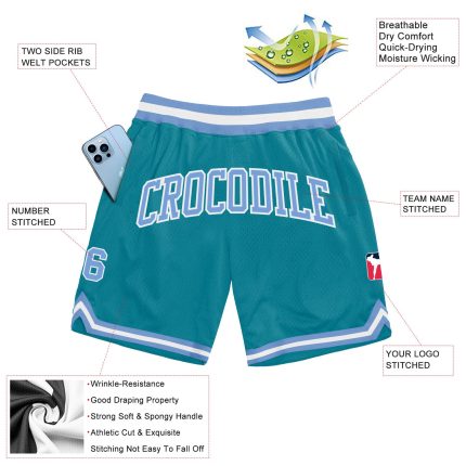 Custom Name & Number Basketball Shorts - Personalized Authentic Teal Light Blue-White Throwback Design Personalized Teal