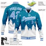 Custom Teal Light Blue White Christmas 3D Bomber Varsity Letterman Jacket with Name and Number - Personalized Team Jacket