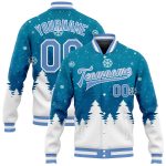 Custom Teal Light Blue White Christmas 3D Bomber Varsity Letterman Jacket with Name and Number - Personalized Team Jacket