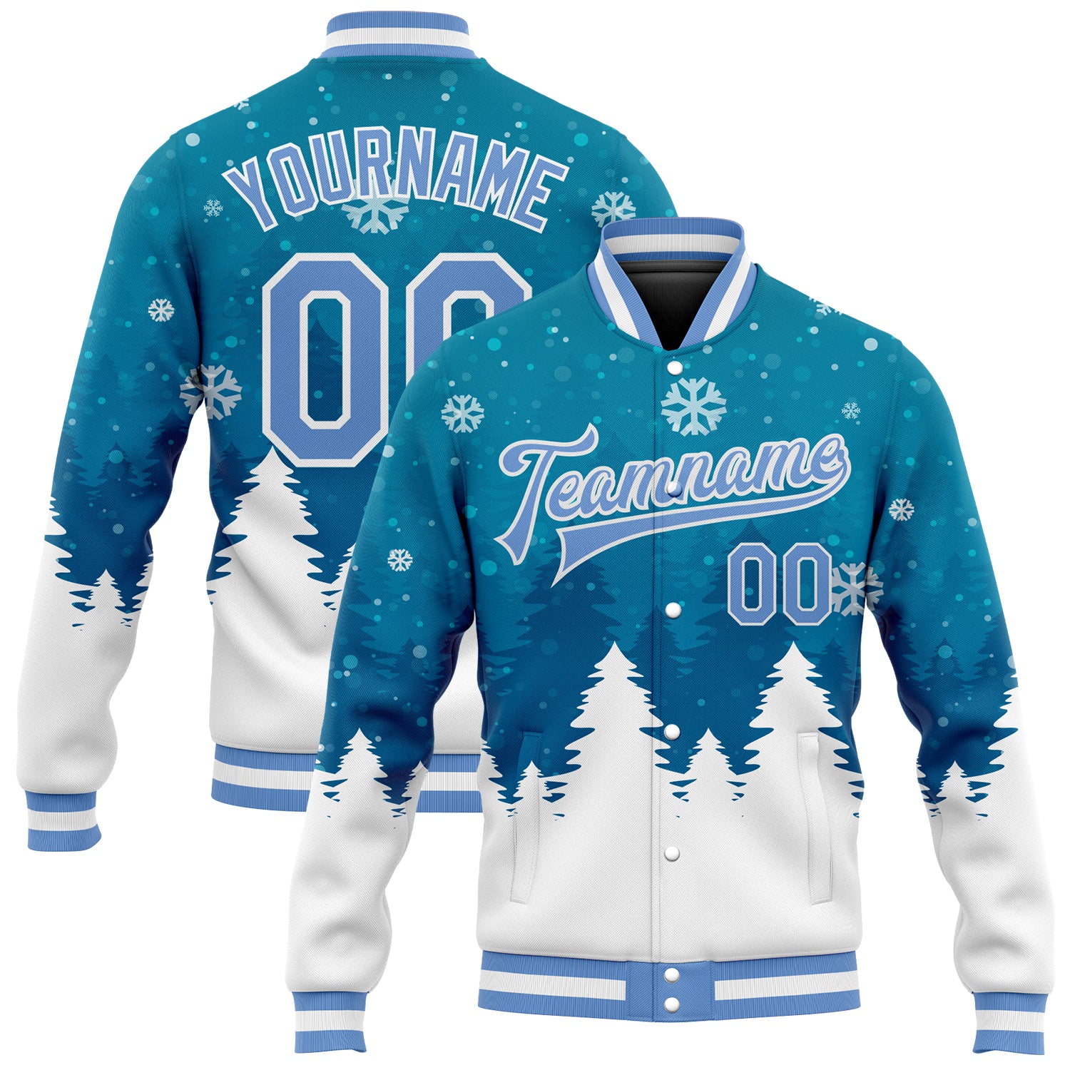 Custom Teal Light Blue White Christmas 3D Bomber Varsity Letterman Jacket with Name and Number - Personalized Team Jacket