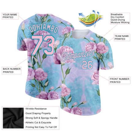Teal Light Pink 3D Floral Custom Name and Number Performance T-Shirt - Personalized Team Apparel Personalized Teal Light