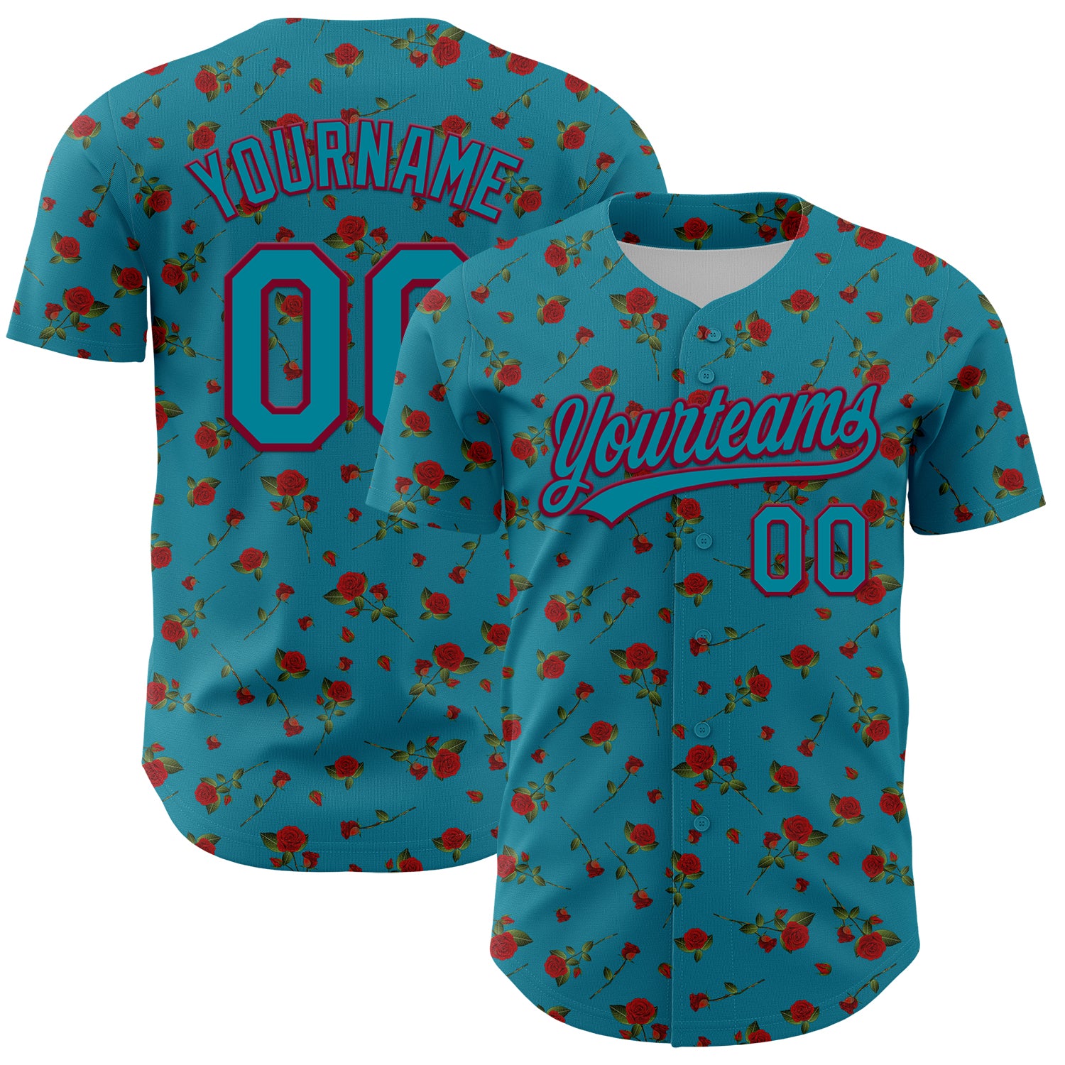Custom Name Number Baseball Jersey Gothic Style Rose 3D Pattern Teal Maroon Authentic Design Personalized Teal Maroon 3D