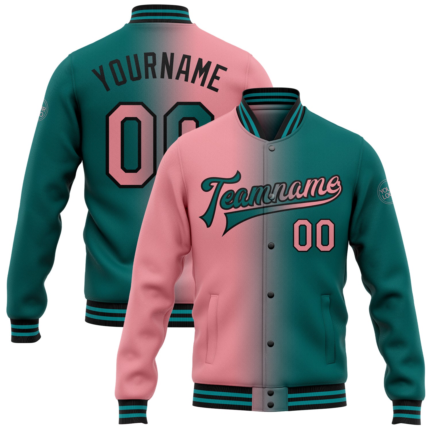 Custom Name and Number Personalized Teal Gradient Varsity Letterman Bomber Jacket in Pink-Black, Medium Fashion Jacket Personalized