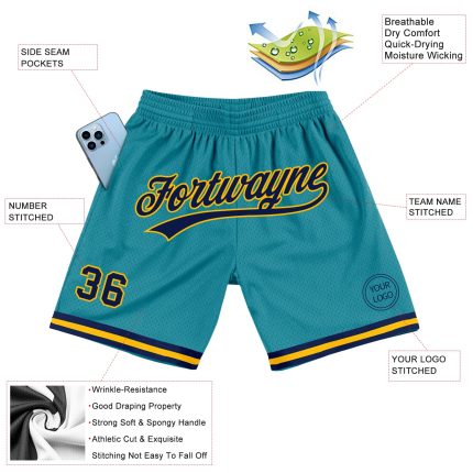 Custom Name Number Personalized Authentic Basketball Shorts Teal Navy Gold Team Design Personalized Teal Navy-Gold Authentic