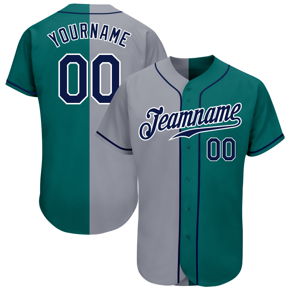 Custom Team Baseball Jersey with Personalized Name & Number - Teal Navy Gray Authentic Split Design Personalized Teal Navy-Gray