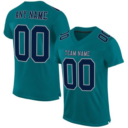 Custom Authentic Football Jersey with Personalized Name and Number, Teal Navy-Gray Mesh Design Personalized Teal Navy-Gray
