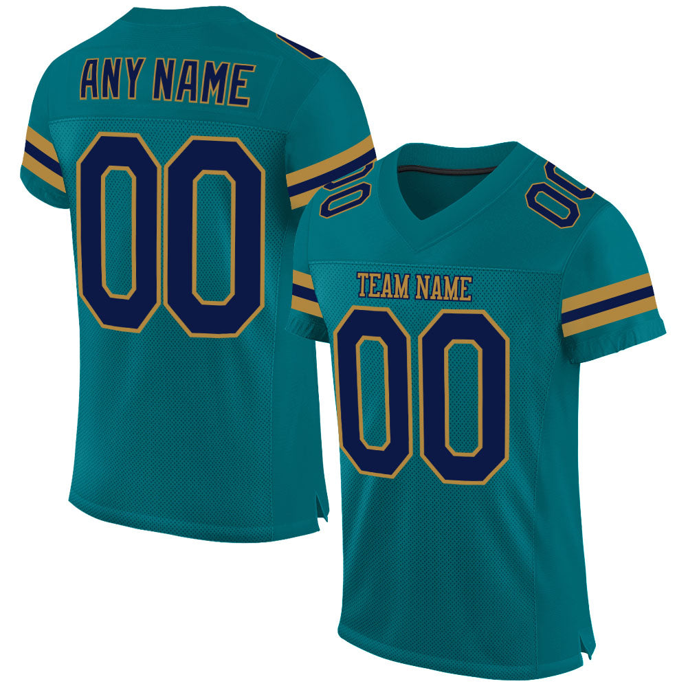 Custom Name and Number Football Jersey - Personalized Teal, Navy, Old Gold Mesh Authentic Design Personalized Teal Navy-Old