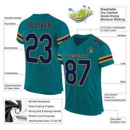 Custom Name and Number Football Jersey - Personalized Teal, Navy, Old Gold Mesh Authentic Design Personalized Teal Navy-Old