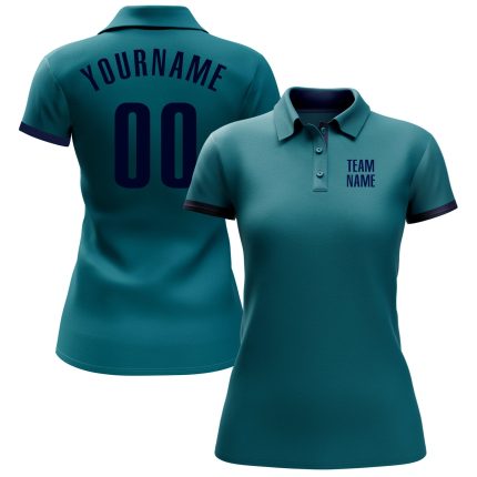 Custom Team Name Number Teal Navy Golf Polo Shirt - Personalized Performance Fit Personalized Teal Navy Performance Golf