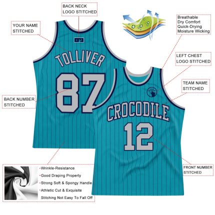 Custom Basketball Jersey with Personalized Name and Number - Teal Navy Pinstripe Gray Authentic Style Personalized Teal Navy