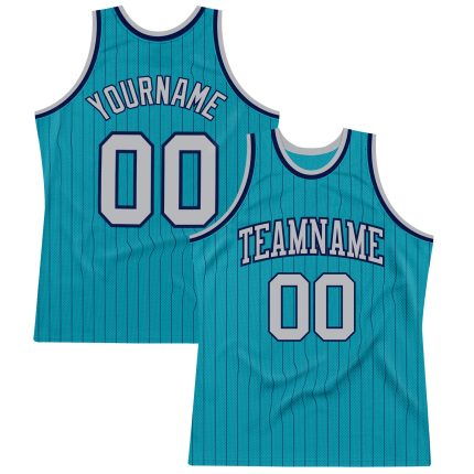 Custom Basketball Jersey with Personalized Name and Number - Teal Navy Pinstripe Gray Authentic Style Personalized Teal Navy