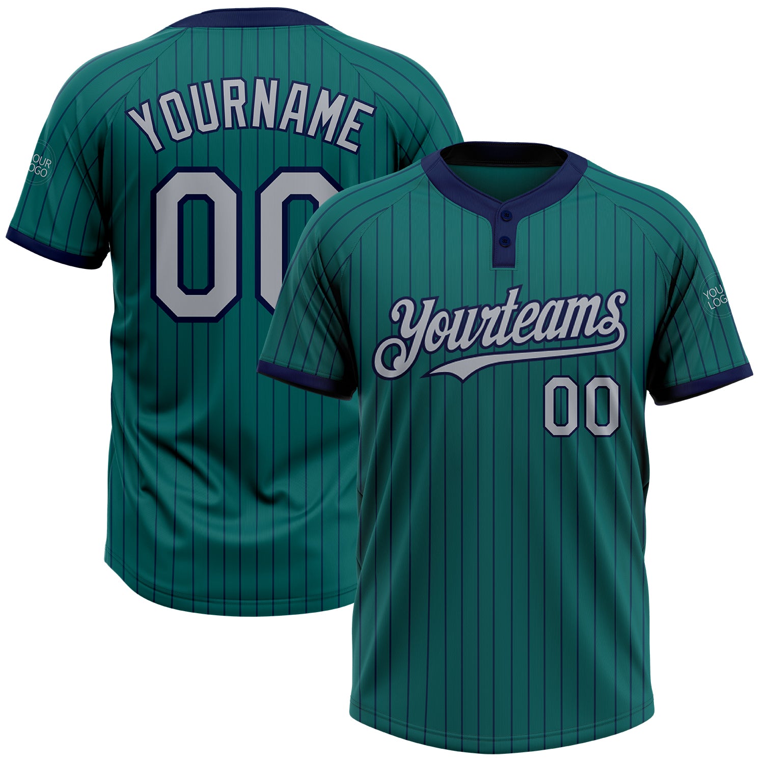 Custom Team Softball Jersey with Name and Number - Personalized Two-Button Unisex in Teal Navy Pinstripe Gray Personalized