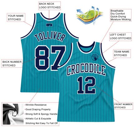 Customizable Navy Teal Pinstripe Basketball Jersey with Personalized Name & Number - Authentic Team Apparel Personalized