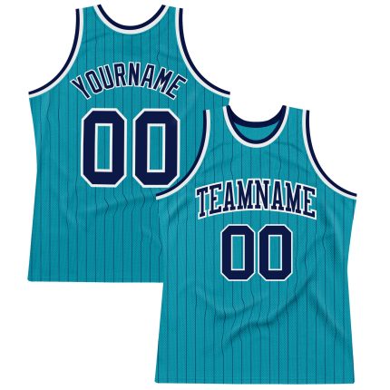 Customizable Navy Teal Pinstripe Basketball Jersey with Personalized Name & Number - Authentic Team Apparel Personalized