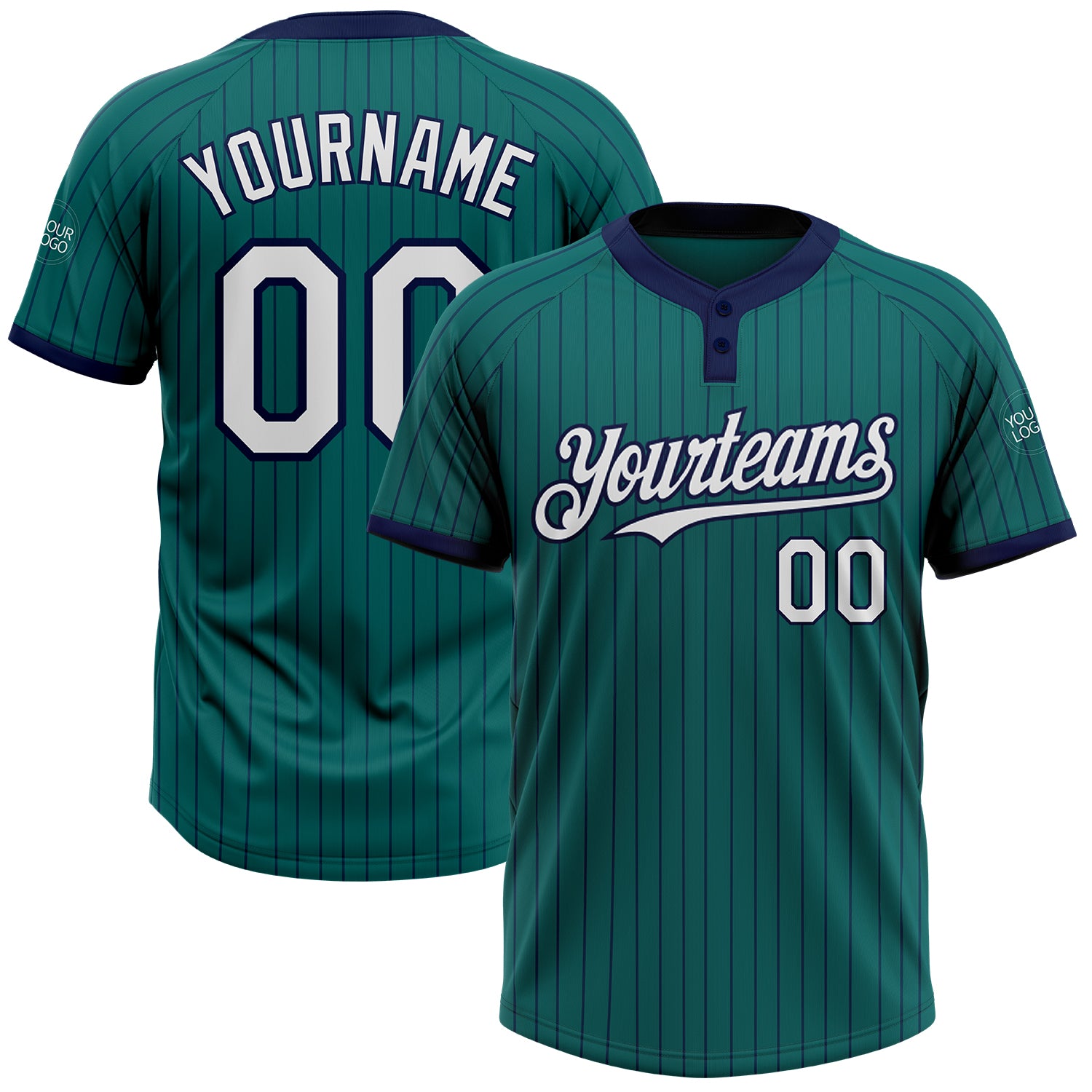Custom Softball Jersey Unisex Two-Button White Teal Navy Pinstripe with Personalized Name and Number Personalized Teal Navy