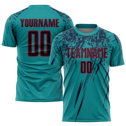 Custom Soccer Jersey with Personalized Name and Number - Teal Navy Red Sublimation Team Uniform Personalized Teal Navy-Red