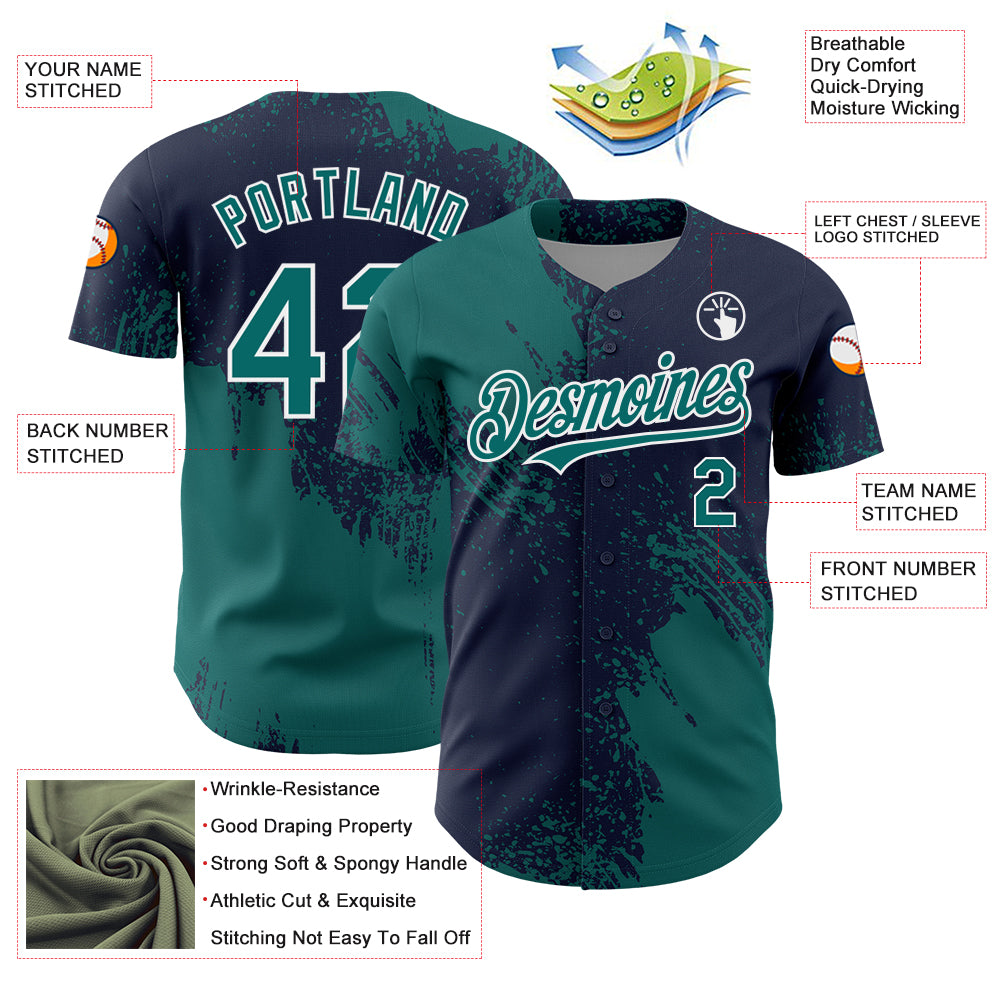 Personalized Teal Navy-White 3D Pattern Design Abstract Brush Stroke Authentic Baseball Jersey Team Custom Name and Number Custom Abstract Brush Stroke Baseball Jersey in Teal Navy White - Personalized Name & Number 3D Pattern Design Personalized - Image 3